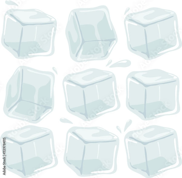 Fototapeta Collection of melted ice cubes. Set of ice cubes for cold drinks isolated on white background. Ice blocks and melted ice cubes. Vector illustration.