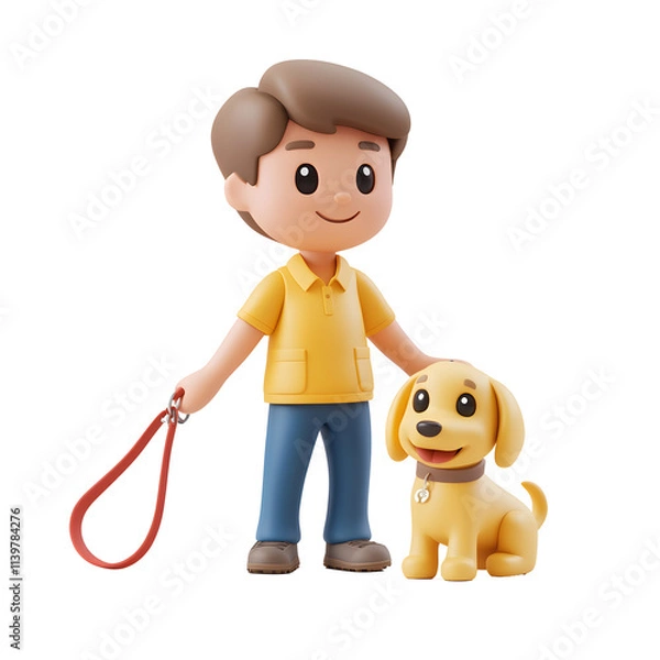 Fototapeta Boy with dog on leash park 3d animation bright environment playful scene