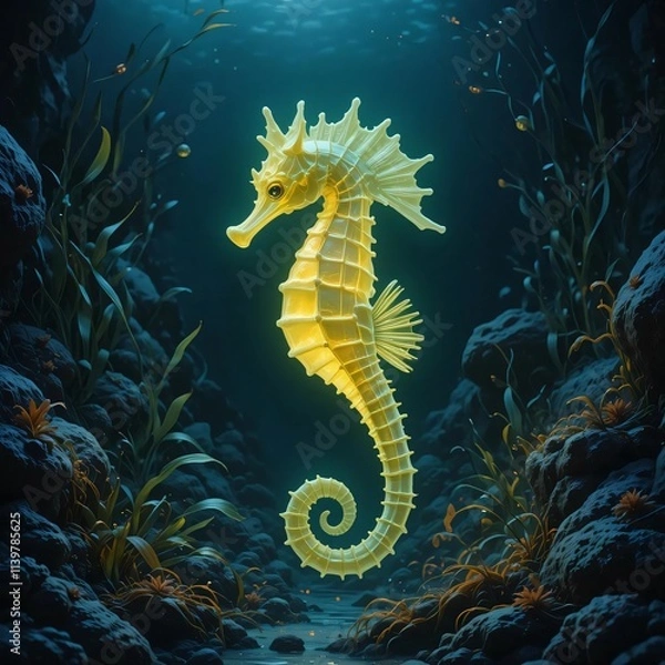 Obraz a glowing seahorse floating in the deep sea, with its fins and body emitting a soft glow in the dark ocean atmosphere, surrounded by rocks and various seaweeds.