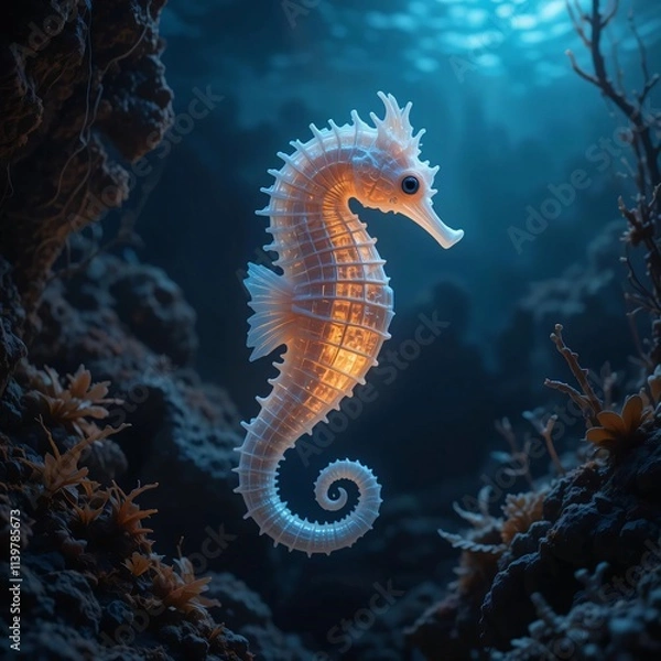 Obraz a glowing seahorse floating in the deep sea, with its fins and body emitting a soft glow in the dark ocean atmosphere, surrounded by rocks and various seaweeds.