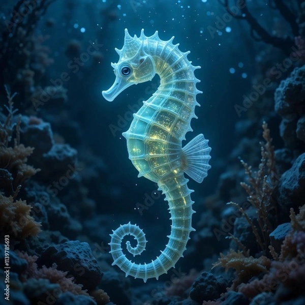 Obraz a glowing seahorse floating in the deep sea, with its fins and body emitting a soft glow in the dark ocean atmosphere, surrounded by rocks and various seaweeds.