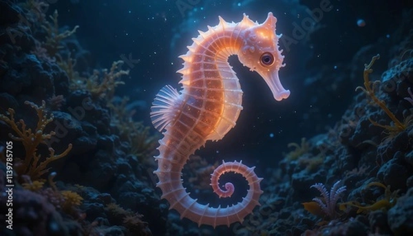 Obraz a glowing seahorse floating in the deep sea, with its fins and body emitting a soft glow in the dark ocean atmosphere, surrounded by rocks and various seaweeds.