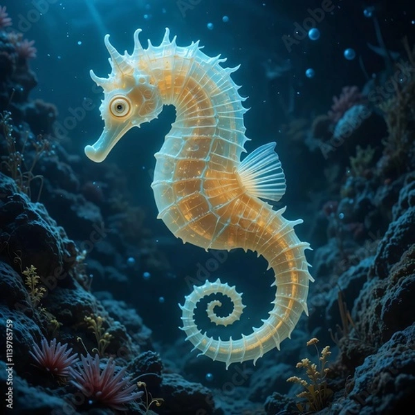 Obraz a glowing seahorse floating in the deep sea, with its fins and body emitting a soft glow in the dark ocean atmosphere, surrounded by rocks and various seaweeds.