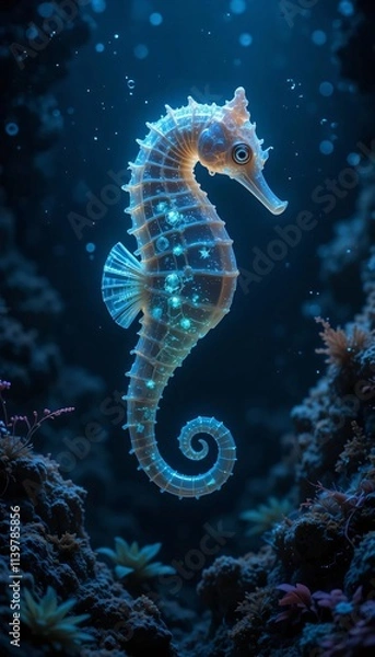 Obraz a glowing seahorse floating in the deep sea, with its fins and body emitting a soft glow in the dark ocean atmosphere, surrounded by rocks and various seaweeds.