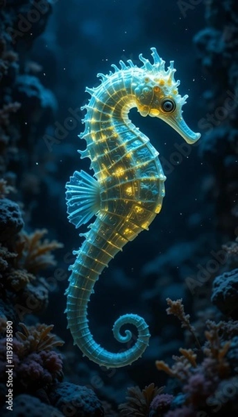 Obraz a glowing seahorse floating in the deep sea, with its fins and body emitting a soft glow in the dark ocean atmosphere, surrounded by rocks and various seaweeds.