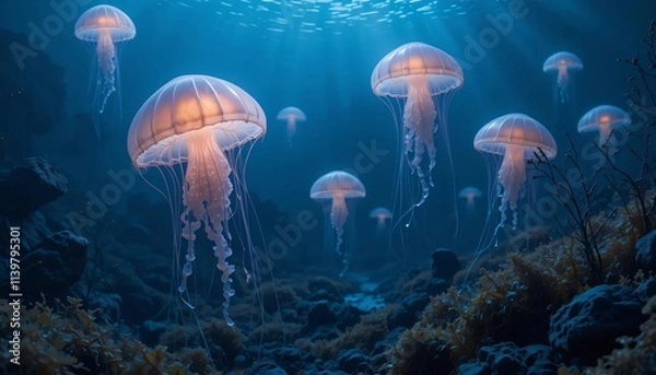 Obraz glowing jellyfish floating in deep water, with their soft light reflecting off seaweeds and rocks on the ocean floor.