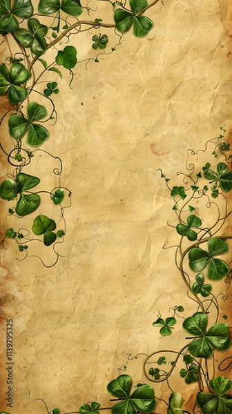 Fototapeta Vintage clover leaf border on aged parchment background