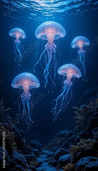 Obraz glowing jellyfish floating in deep water, with their soft light reflecting off seaweeds and rocks on the ocean floor.