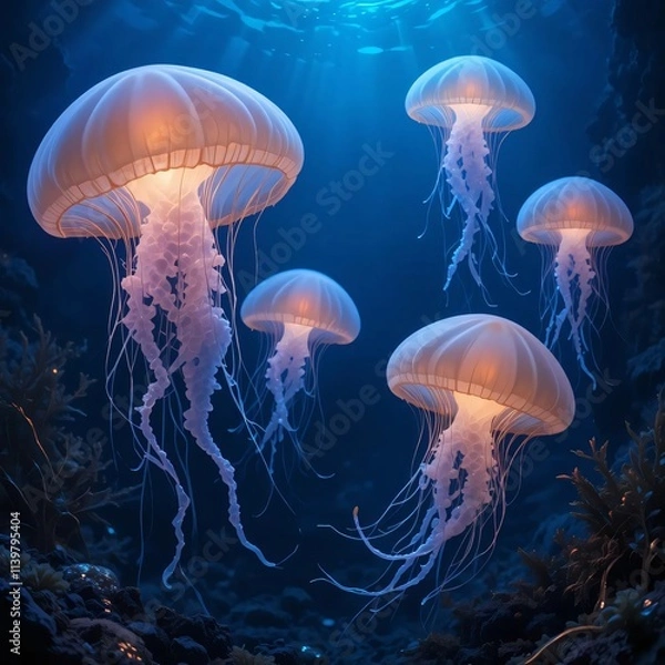 Obraz glowing jellyfish floating in deep water, with their soft light reflecting off seaweeds and rocks on the ocean floor.