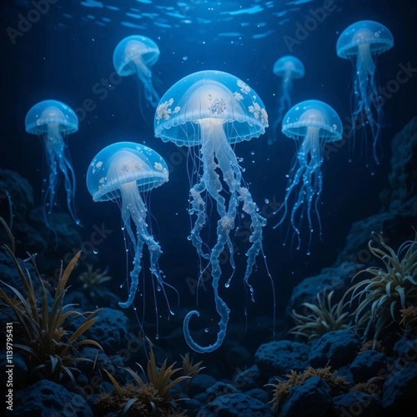 Obraz glowing jellyfish floating in deep water, with their soft light reflecting off seaweeds and rocks on the ocean floor.