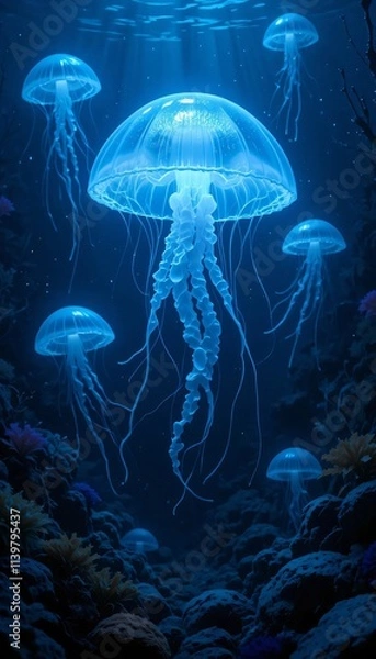 Obraz glowing jellyfish floating in deep water, with their soft light reflecting off seaweeds and rocks on the ocean floor.