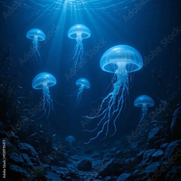 Obraz glowing jellyfish floating in deep water, with their soft light reflecting off seaweeds and rocks on the ocean floor.