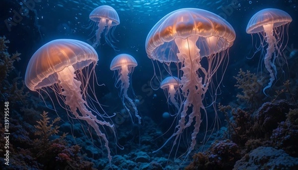 Obraz glowing jellyfish floating in deep water, with their soft light reflecting off seaweeds and rocks on the ocean floor.
