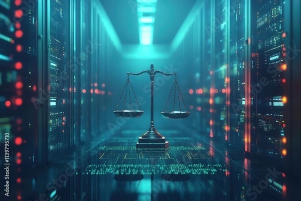Fototapeta Law Scales Symbolizing Judiciary and Technology Integration