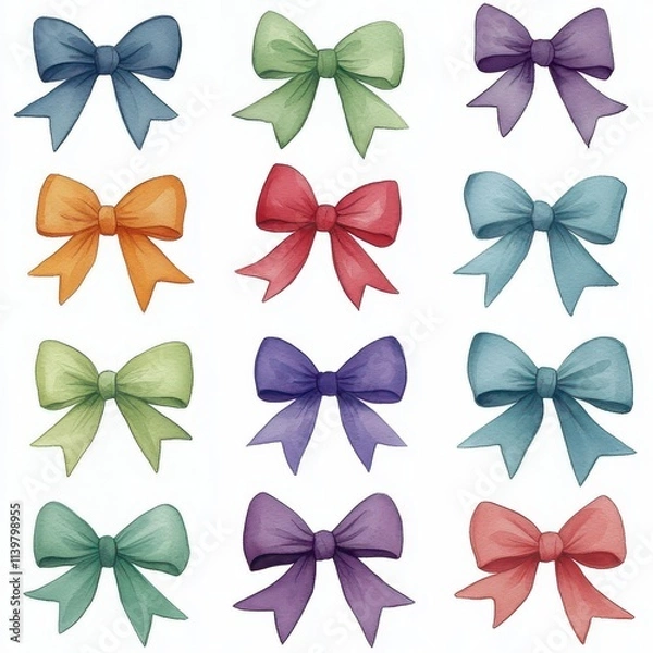 Fototapeta Twelve Watercolor Bows in Assorted Colors, Isolated on White Background Cutout