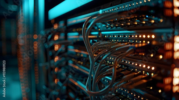 Fototapeta Data server racks with illuminated cables in a tech room