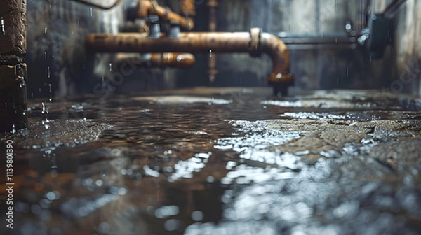 Fototapeta Flooded basement with rusty pipes and dripping water
