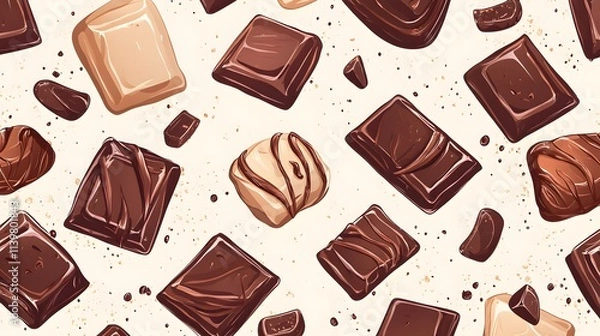 Fototapeta A seamless pattern of different kinds of chocolate bars, squares, and pieces on a white background.