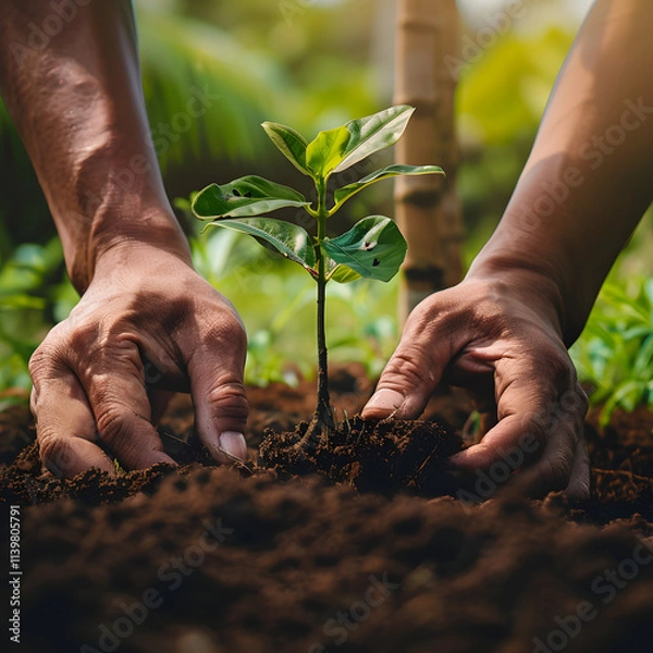 Fototapeta Hands planting a young tree sapling in soil