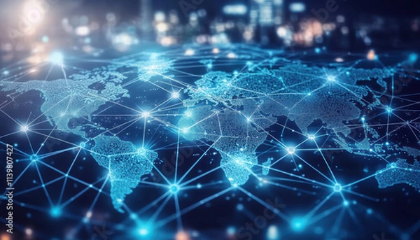 Fototapeta Global Network Connection Digital World Map Internet Technology Communications