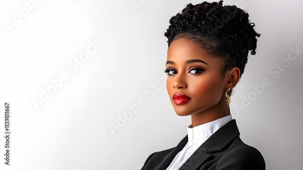 Fototapeta close-up of confident African American female CEO, sharp business suit, poised expression, professional setting, isolated on white background