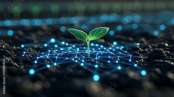 Fototapeta Emerging Green Plant Surrounded by Digital Network Symbols Representing Technology and Nature Harmony