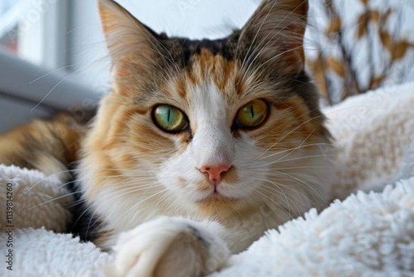 Fototapeta A Japanese bobtail cat relaxes comfortably on a cozy bed in the afternoon sunlight