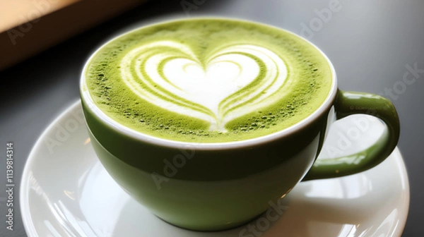 Obraz Matcha latte with heart pattern art