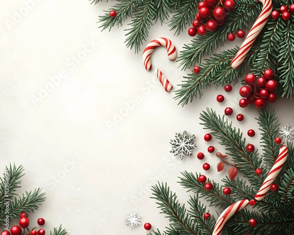 Obraz Festive Christmas border with fir branches, candy canes, and berries on a light background.
