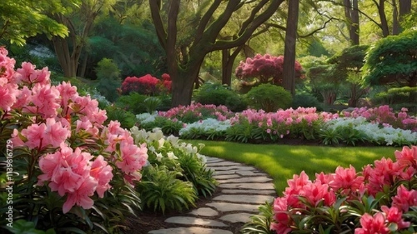 Fototapeta Serene Garden Path: A winding stone path meanders through a lush, vibrant garden, leading to a hidden sanctuary of blooming azaleas and fragrant blossoms.