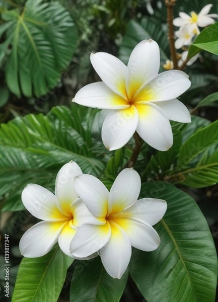 Fototapeta White plumeria flower on a large green leaf against a blurred background , white plumeria, floral arrangement, blurred background