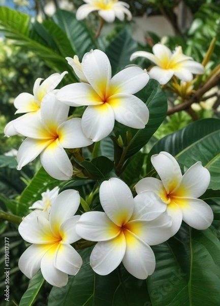 Fototapeta White plumeria flower on a large green leaf against a blurred background , blurred background, flower closeup, botanical image