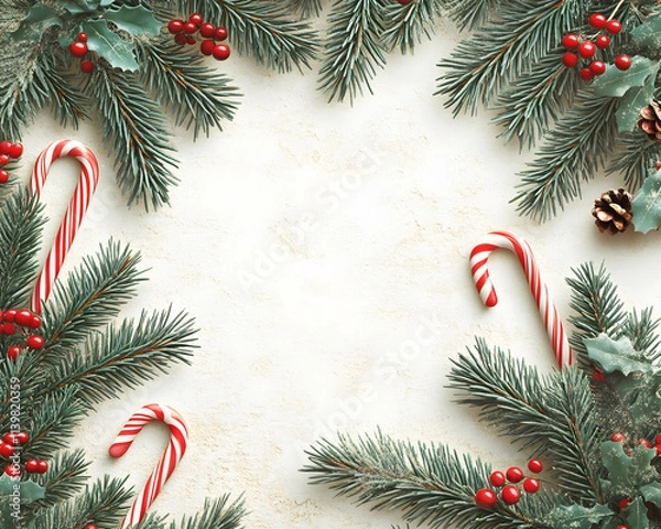 Obraz Festive Christmas frame with candy canes, fir branches, holly berries, and pine cones on a beige background.
