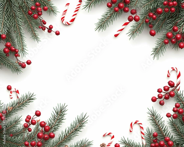 Obraz Festive Christmas frame with fir branches, berries, and candy canes on white background.
