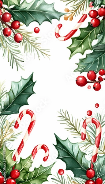 Obraz Festive Christmas frame with holly, berries, pine, and candy canes.
