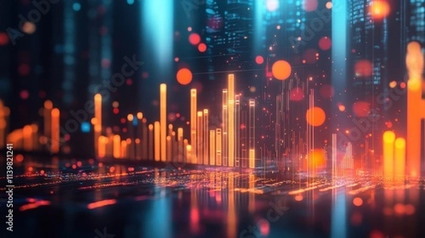Fototapeta Abstract glowing data bars and bokeh. Illustrates growth, technology, or finance.
