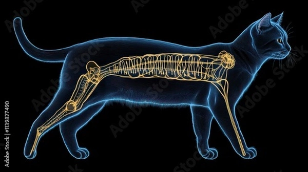 Fototapeta Cat's skeletal structure, showing the bones and ligaments in profile view.