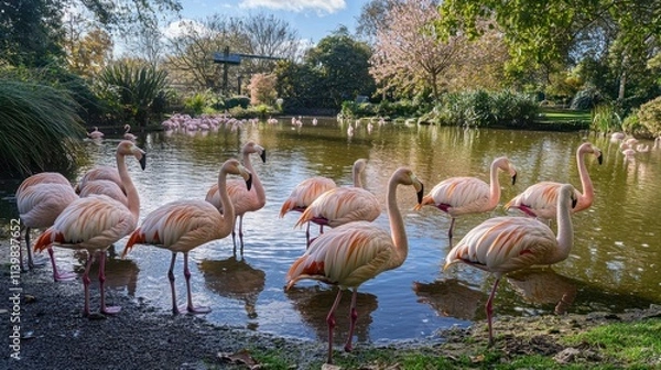 Fototapeta Pink flamingos in a pond at a zoo.
