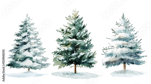 Fototapeta Set of Watercolor Christmas tree, isolated on a white background, Christmas tree painting. Merry Christmas