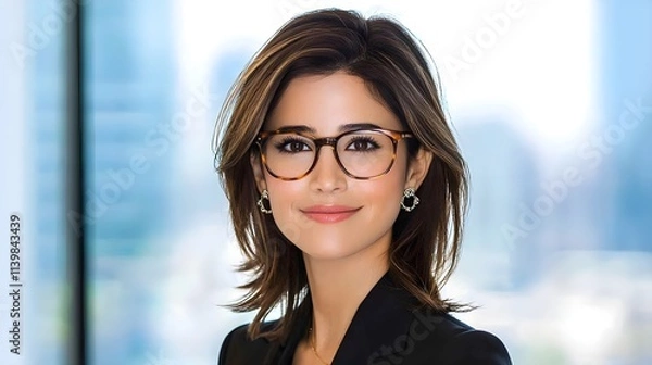 Fototapeta Professional woman's panoramic frame, isolated with crisp lighting, headshot highlighting her corporate persona for business media use