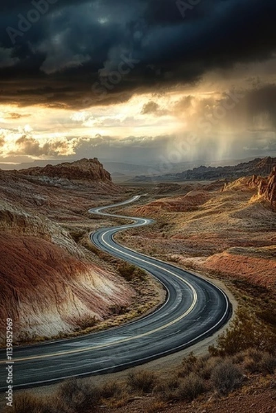 Obraz Winding road through desert under stormy sky with sun rays