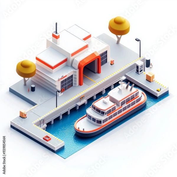 Fototapeta minimal isometric icon depicting ferry terminal with boat