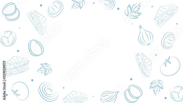Fototapeta Vector illustration. Background with copy space for text. Pattern of halves, slices and rings of onion, tomatoes; sandwich. Sketch style. Hand drawn kitchen ingredients template for culinary themes.