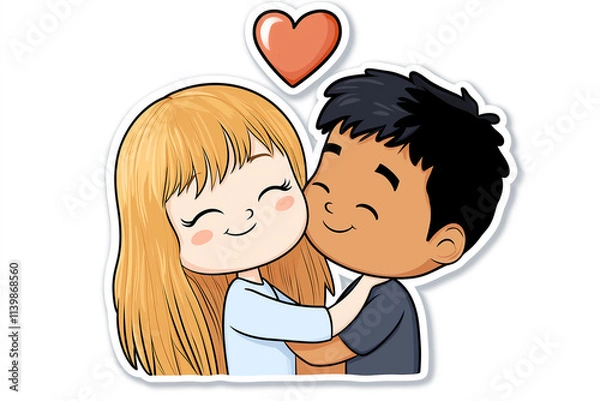 Fototapeta A cute cartoon-style couple hugs affectionately with a heart floating above them, symbolizing love and relationship in a joyful, colorful illustration.
