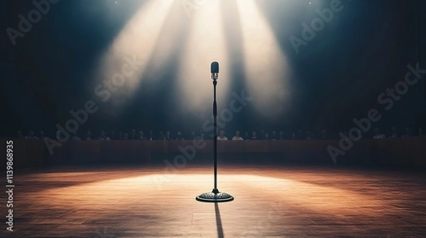 Fototapeta Spotlight on empty stage with microphone, anticipation concept