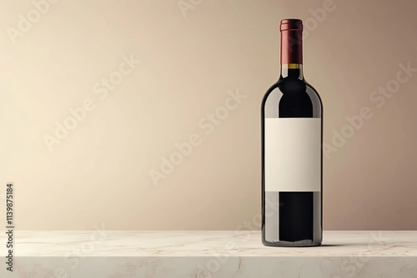 Obraz Minimalist wine bottle on marble, beige background, blank label