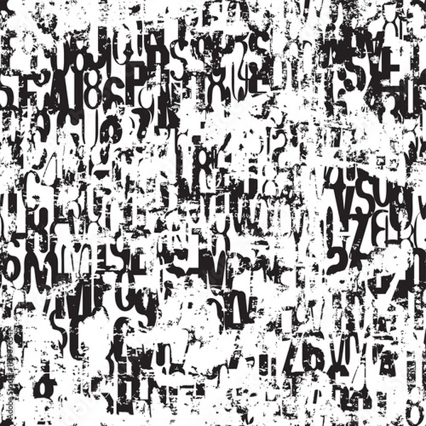 Obraz seamless pattern of English letters on grunge texture. Vector background with black capital Latin letters in retro style on white backdrop. Suitable for wallpaper, wrapping paper, fabric
