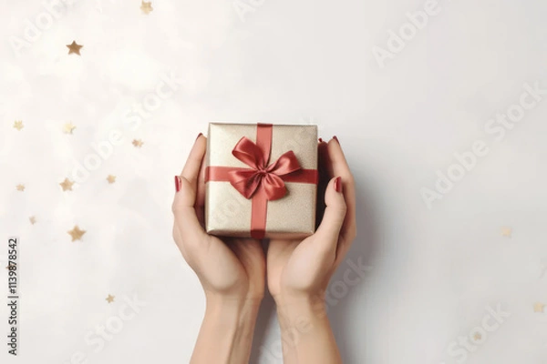 Fototapeta Women's hands hold a gift on a white background with stars. AI generative.