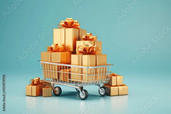 Fototapeta Trolley with golden gifts on a blue background. AI generative.