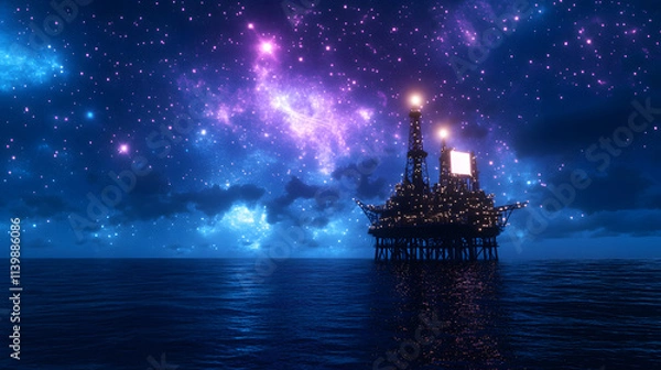 Fototapeta A photorealistic image of an oil and gas rig in the middle of the ocean, showcasing advanced technology and the extraction process, representing energy production, industrial operations, and the oil a